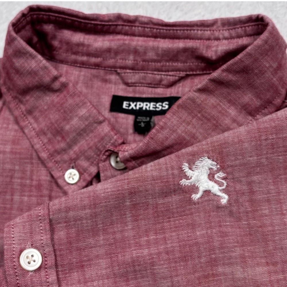 NEW Express Button Shirt Men L‎ Maroon Chambray LION LOGO Long Slv Preppy Oxford